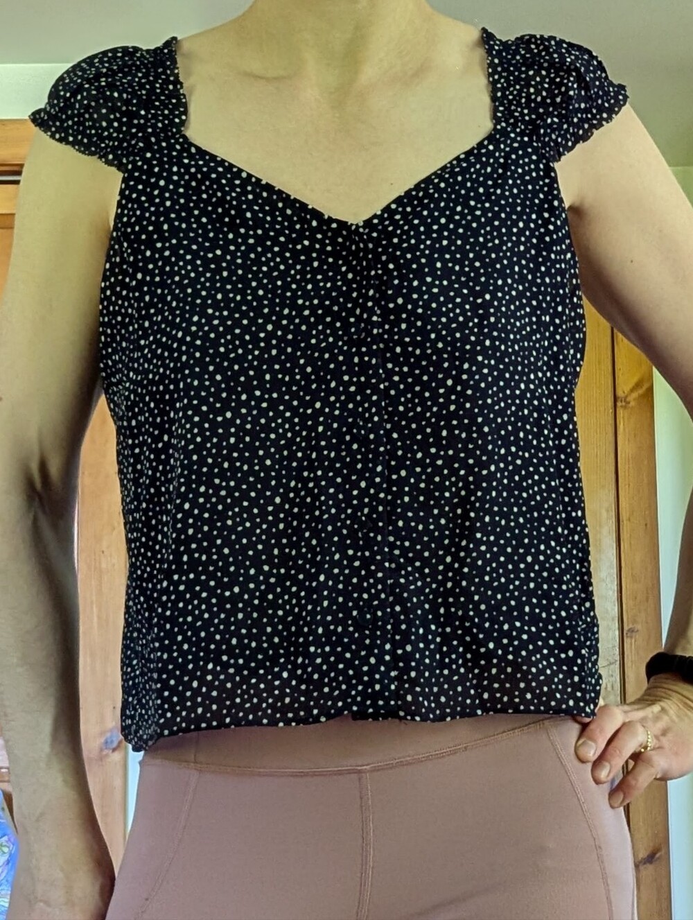 J. Crew Navy Cap-sleeve crinkle chiffon top in dot